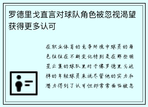 罗德里戈直言对球队角色被忽视渴望获得更多认可